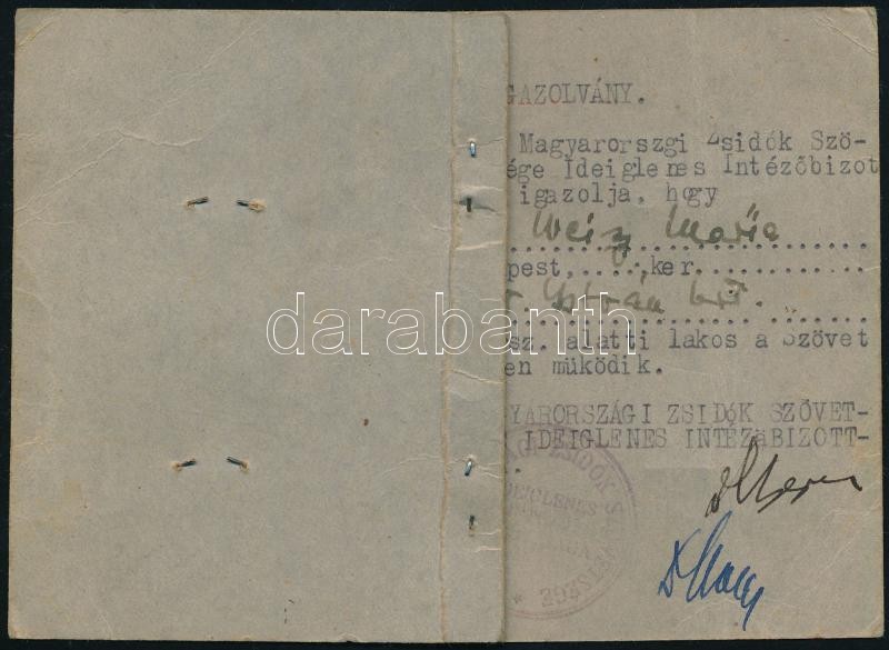 cca 1944 Magyarországi Zsidók Szövetsége Ideiglenes Intézőbizottságának fényképes igazolványa sárga csillagos fotóval - Image 2