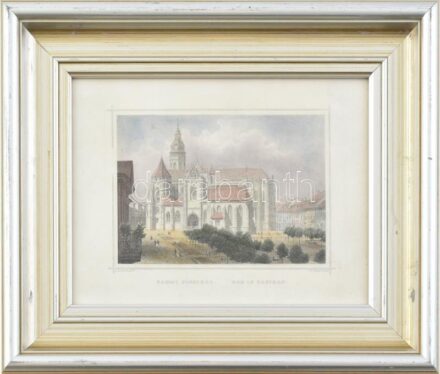 cca 1860 Ludwig Rohbock (1820-1883) - J.Poppel: Kassai főegyház. Színezett acélmetszet, papír, jelzett a metszeten. Dekoratív, üvegezett fa keretben. 13x17 cm