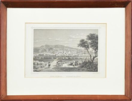 cca 1860 Ludwig Rohbock (1820-1883): Pécs városa. Acélmetszet, papír, jelzett a metszeten. Üvegezett fa keretben. 13x17 cm