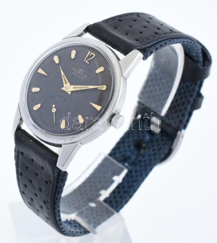 Fortis 2919 mechanikus wehrmachtswerk szerkezettel, 19 köves katonai karóra, fekete számlappal (korrózió), kopott szíjjal, kopásnyomokkal, nem működik, d:35mm - Image 2