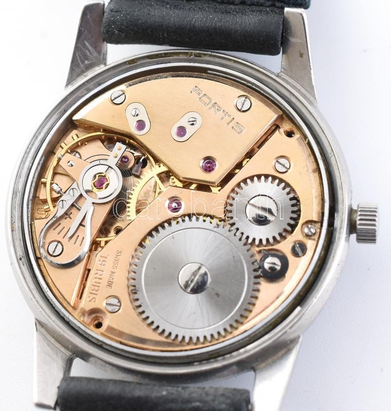 Fortis 2919 mechanikus wehrmachtswerk szerkezettel, 19 köves katonai karóra, fekete számlappal (korrózió), kopott szíjjal, kopásnyomokkal, nem működik, d:35mm - Image 3