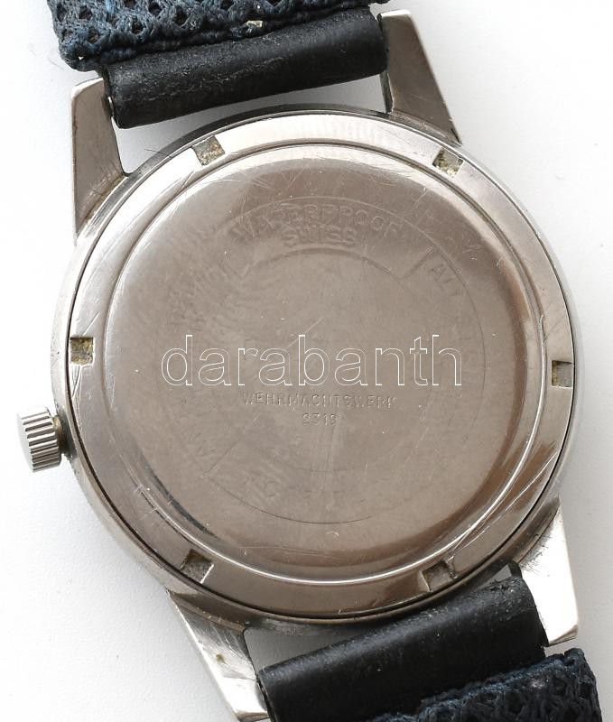 Fortis 2919 mechanikus wehrmachtswerk szerkezettel, 19 köves katonai karóra, fekete számlappal (korrózió), kopott szíjjal, kopásnyomokkal, nem működik, d:35mm - Image 4