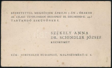 cca 1930 Székely Anna és Schindler József esküvői meghívója