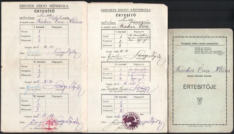 1925 Szegedi Zsidó Népiskola 3 db bizonyítvány