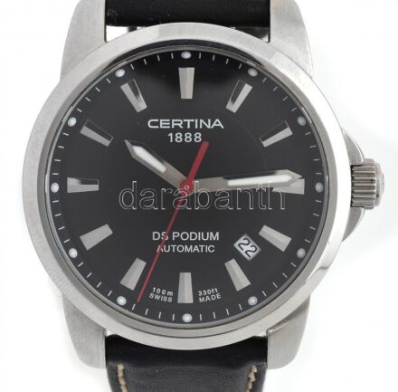Certina DS Podium automata férfi karóra, bőr szíjjal, rozsdamentes acél tok, zafír kristály üveg, tükröződésmentes bevonattal, dobozban, működik, d:38mm