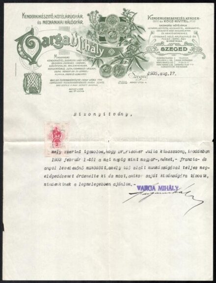 1935 Varga Mihály Szeged Kenderkikészítő ás kötélárugyár fejléces levélpapír