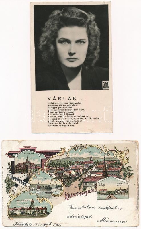 4 db RÉGI képeslap vegyes minőségben: Keszthely litho, Balatonboglár, Karády Katalin - Image 2