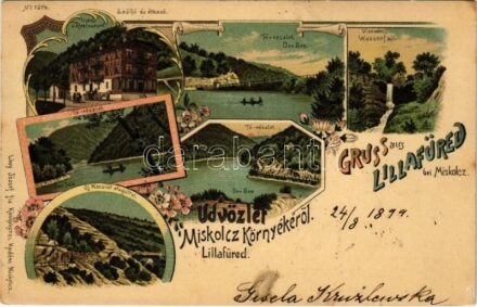 1899 (Vorläufer) Lillafüred (Miskolc), Szálloda és étterem, Tó csónakázókkal, vízesés, új kocsi út alagúttal. Kiadja Lövy József fia No. 1514. Art Nouveau, floral, litho (EK)