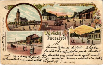 1901 Facset, Facsád, Faget; templom, Fő tér és utca / church, main square and street. Kunstanstalt Rosenblatt Art Nouveau, floral, litho (EB)