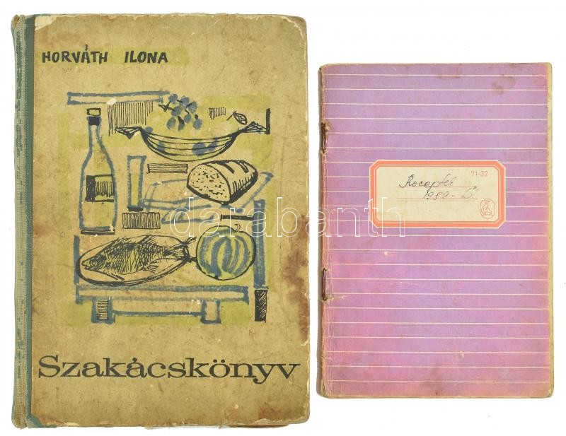 Horváth Ilona: Szakácskönyv. Bp.,1963, Magyar Nők Országos Tanácsa. Kiadói félvászon-kötésben, kopott, foltos borítóval, laza fűzéssel, hiányzó elülső, kijáró hátsó szennylappal, hátul tollas receptekkel jegyzetelt. + cca