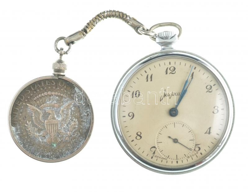 Molnija fém tokos zsebóra, működő, jó állapotban, d:44 mm 1969-es 1 dolláros érmével