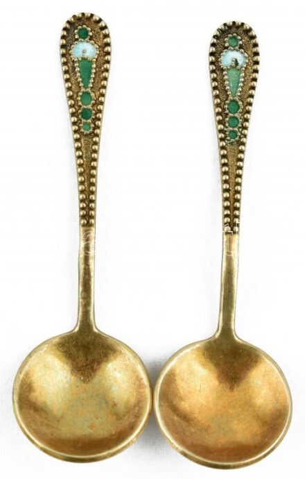 2 db zománc berakásos réz fűszeres/kaviáros kanálka 53 mm