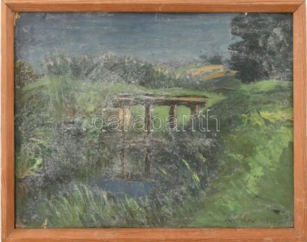 Olvashatatlan (Kántor?) jelzéssel: Táj híddal, 1947. Olaj, karton, kissé sérült (kopott felülettel). Fa keretben. 24x30,5 cm