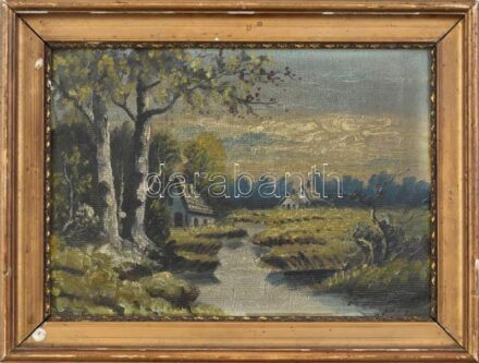 Jelzés nélkül: Táj kunyhóval. Olaj, karton. Dekoratív, sérült fa keretben. 24x34,5 cm
