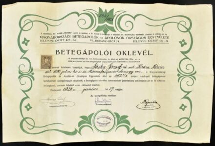 1928 Betegápolói oklevél 50x33 cm