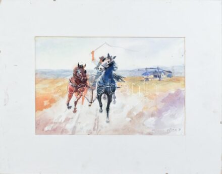 Pitók J. jelzéssel: Vágta. Akvarell, papír. Paszpartuban. 22x33,5 cm