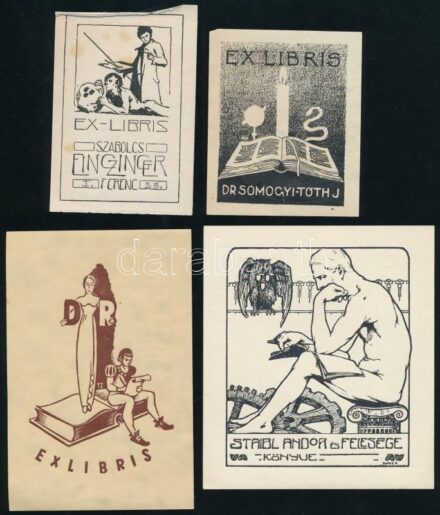 4 db háború előtti magyar ex libris, közte Einczinger Ferenc (1879-1950) alkotása
