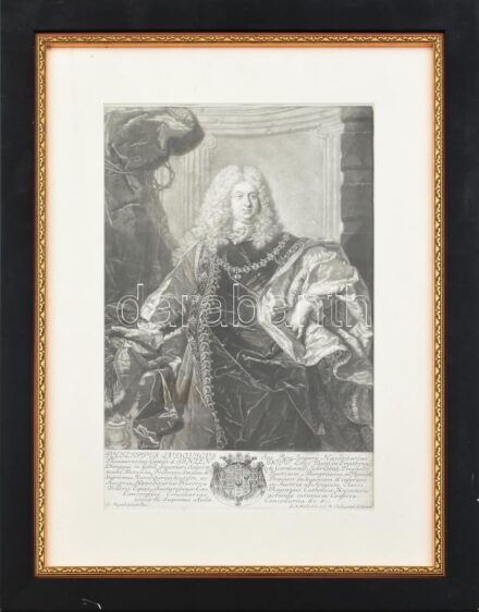 Gustav Adolph Müller (1694-1767) metszése, Hyacinthe Rigaud (1659-1743) festménye után: Philipp Ludwig Wenzel von Sinzendorf (1671-1742) osztrák kancellár, diplomata portréja, 1740 körül. Mezzotinto, papír. Jelzett a metszeten Üvegezett,