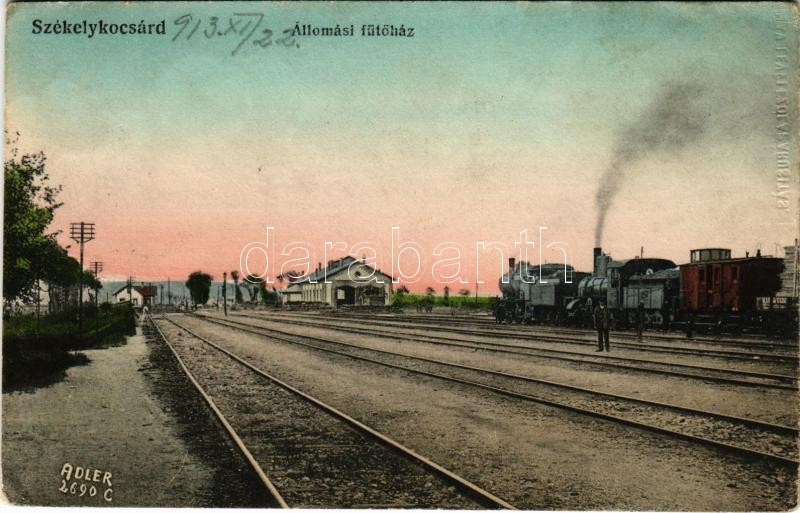 1913 Székelykocsárd, Kocsárd, Lunca Muresului; Vasútállomás fűtőháza, gőzmozdony. Adler fényirda 1912 / heating house of the railway station, locomotive (EK)