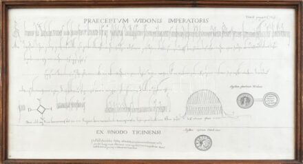 cca 1700-1800 Nagy Károly pecsétjével ellátott, a 698. évi zsinat ügyében kiadott császári parancs XVIII. sz. másolata. Rézmetszet, papír. Üvegezett fa keretben, 32×60 cm