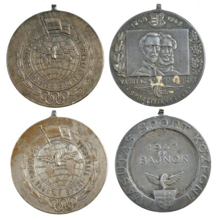 1947-1949. vasutas tenisz díjérem-tétel (40mm) (4x), benne: 1947. 'Vasutas Sport Központ - 1947 FP. Bajnok' kétoldalas fém díjérem füllel + 1948. '1848 - 1948 - Vasutas Szakszervezet Sporttitkársága' kétoldalas fém díjérem füllel +