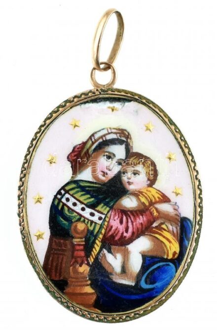 Arany (Au) 14 K Szűz Mária porcelán medál, jelzés nélkül, sérüléssel, bruttó: 2,6 g