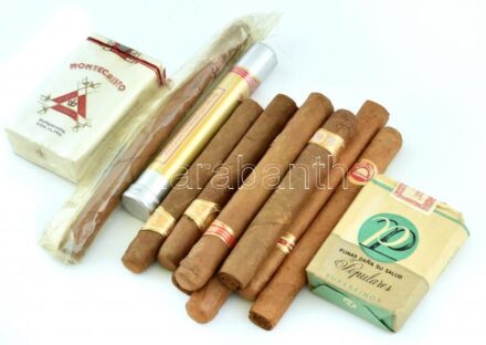 Kubai szivarok, 2 db Partagas Habana (12, 5 cm), egyik eredeti fémdobozában. 3 db Bolivar Habana (12, 5 cm), 2 db H. Upmann Habana (14 cm), 3 db Montecristo Habana (13, 5 cm). 1 pakli Montecristo cigaretta. 1 csomag kubai dohány.