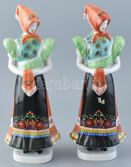 Hollóházi porcelán matyó népviseletes lány, 2 db, részben kézzel festett, jelzett, egyik sérülésekkel, m: 29 cm