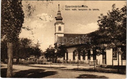 1933 Szentmártonkáta, Római katolikus templom és iskola + 'LÖKÖSHÁZA - BUDAPEST 6 B' vasúti mozgóposta bélyegző