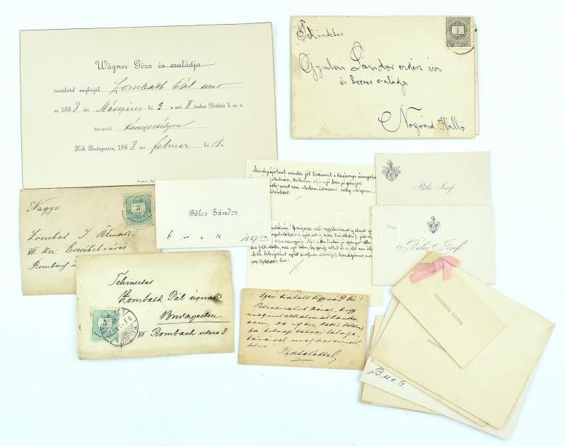 cca 1888-1936 Zombath Pál felcsúti MÁV ellenőr és családja részére szóló névjegyek, közte Theodorovits Döme nyug. honvéd főtörzsorvos, Preisz Lajos építési művezető és mások névjegyei, de benne még két kisméretű