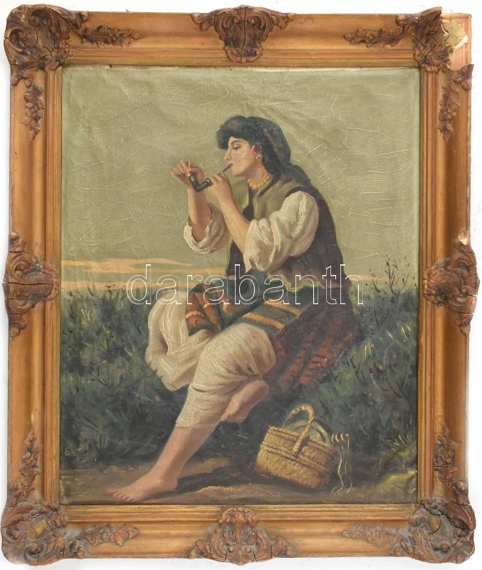 Olvashatatlan jelzéssel: Pihenő. Olaj, vászon, kissé hullámos. Dekoratív, sérült fa keretben. 55×46 cm