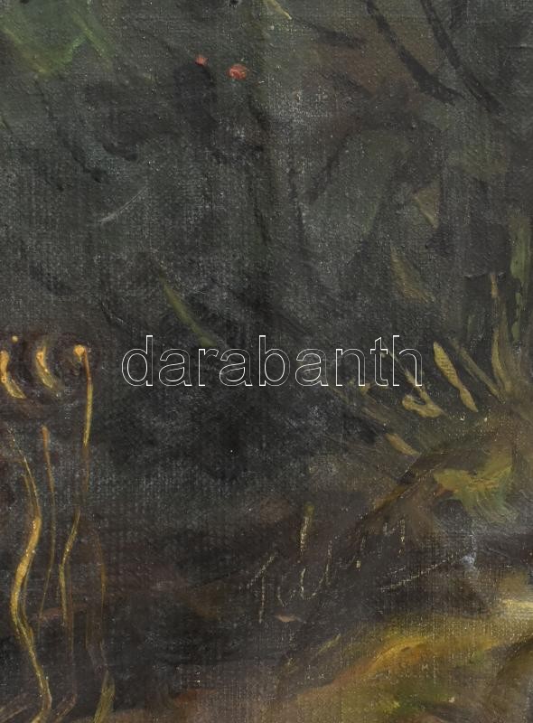 Olvashatatlan jelzéssel: Pihenő. Olaj, vászon, kissé hullámos. Dekoratív, sérült fa keretben. 55×46 cm - Image 2