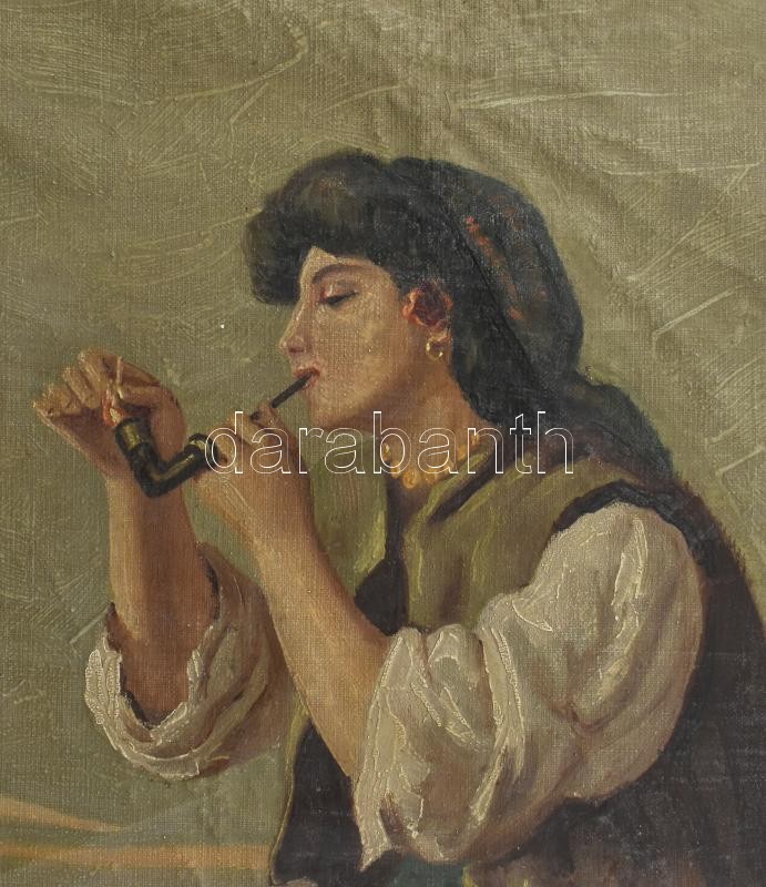 Olvashatatlan jelzéssel: Pihenő. Olaj, vászon, kissé hullámos. Dekoratív, sérült fa keretben. 55×46 cm - Image 3