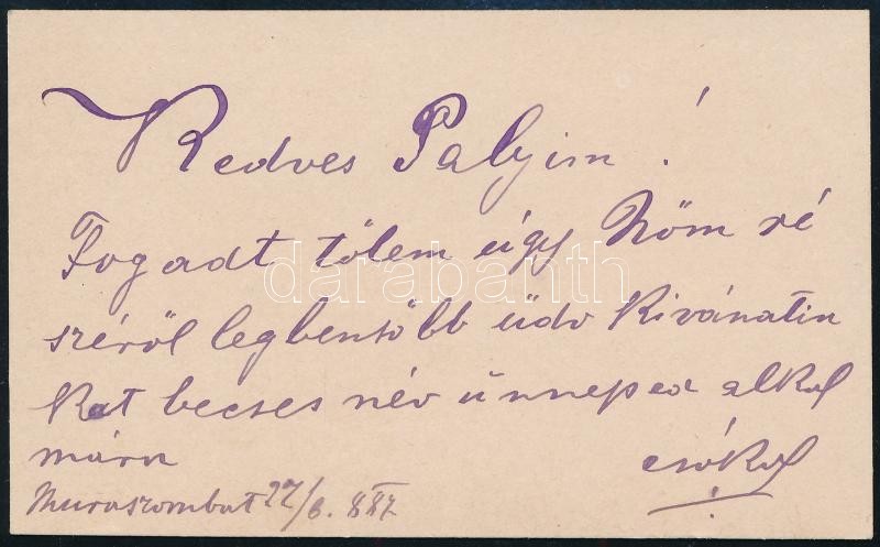 1887 Bölcs Béla muraszombati gyógyszerész névnapi üdvözlő sorai névjegykártyája hátoldalán, 5,5x9,5 cm - Image 2