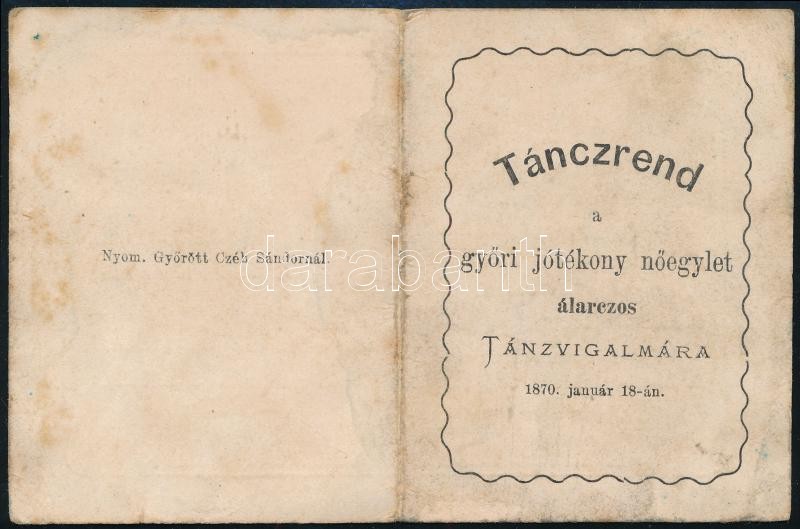 1870 Tánczrend a győri jótékony nőegylet álarczos táncvigalmára, 1870. január 18., ceruzás bejegyzésekkel, 7x5 cm