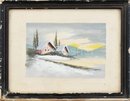 Jelzés nélkül: Behavazott táj. Tempera, papír, kissé vetemedett. Üvegezett, sérült fa keretben. 10,5×15 cm.