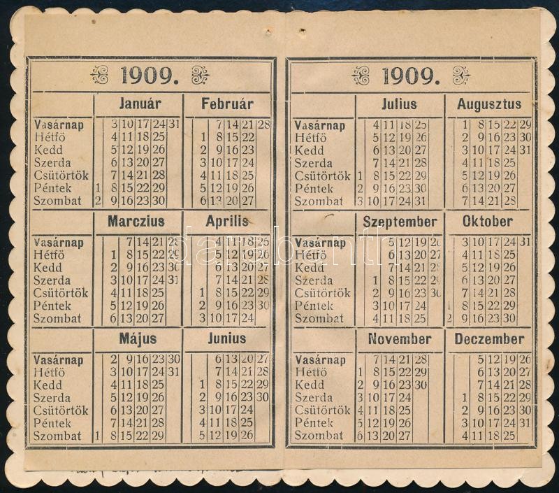 1909-es kétoldalas kártyanaptár, díszesen illusztrált borítón 'Boldog új évet kíván a házfelügyelő', benne kézzel írt felcsúti címjegyzékkel, 11x6,5 cm, kinyitva: 11x13 cm - Image 2