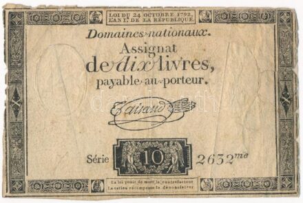 Franciaország 1792. 10L 'Assignata' vízjellel és szárazpecséttel '2632' T:III-,IV France 1792. 10 Livres 'Assignat' with watermark and embossed stamp '2632' C:VG,G