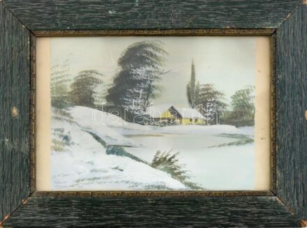 Robert Wellmann 1897 jelzéssel: Havas táj. Tempera, papír. Üvegezett, sérült fa keretben. 16,5×22,5 cm.