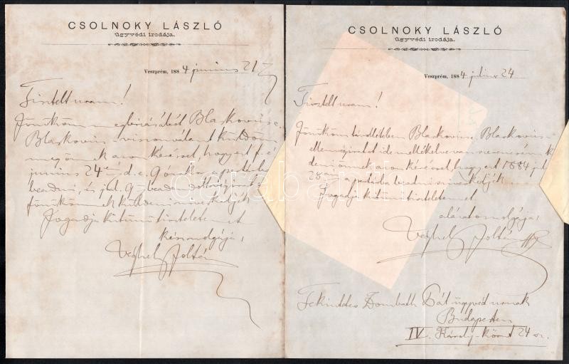 cca 1884 Cholnoky László (1835-1901) köz-, és váltó-ügyvéd irodájának hivatalos levelei (4 db) ügyfele részére, beosztott által kézzel írva, fejléces papírokon. - Image 2