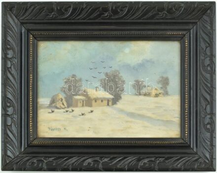 Püspöky M jelzéssel: Behavazott tanya. Olaj, karton. Dekoratív, üvegezett fa keretben. 15,5×23,5 cm.