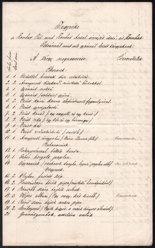 cca 1869 Zombath Antal árvái ügyében íródott, azokat illető tárgyak jegyzéke, valamint 'Zombath őrnagy' levele Andrássy Mihály ügyvéd részére, az utóbbin viaszpecséttel.