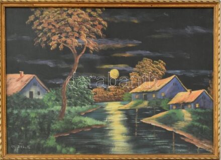 Olvashatatlan jelzéssel: Holdfényes táj. Tempera, selyem. Dekoratív, üvegezett fa keretben. 32×45 cm.