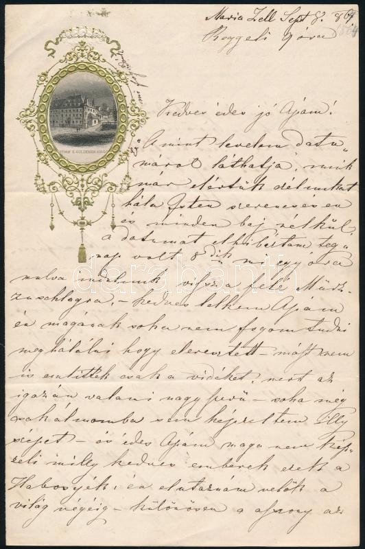 1869 'Mariazell Gasthof zu Goldenen Hirschen' fejléces levélpapír, a fejlécen a fogadó metszetével díszes, aranyozott medalionban, rajta kézzel írt levéllel, 21x13 cm