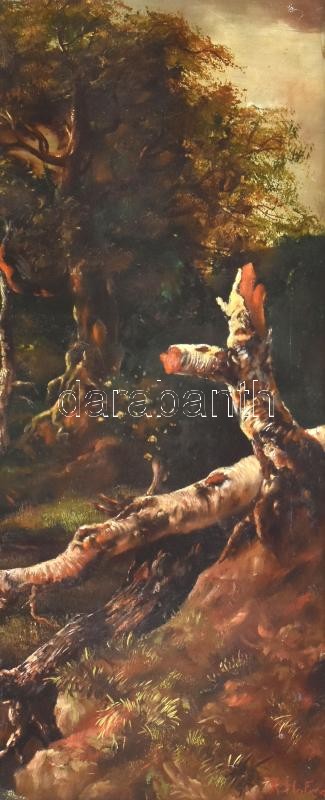 Olvashatatlan (K. Hofmann?) jelzéssel: Erdőrészlet. Olaj, fa. Dekoratív, sérült fa keretben. 50×22 cm.