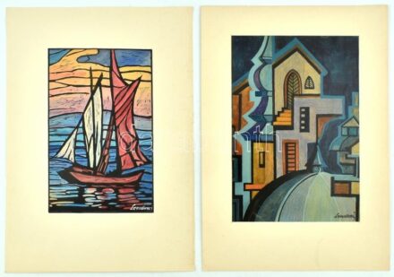 Lendvai jelzéssel, 2 db mű: Vitorlás és városrészlet. Vegyes technika, papír, papírra kasírozva. 30x21 és 26x17 cm