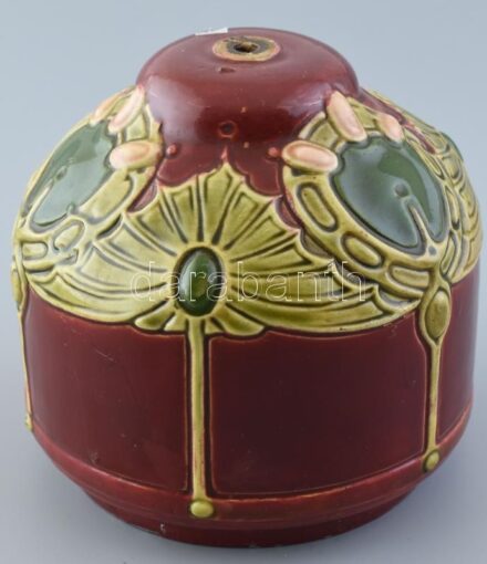 Szecessziós petróleumlámpa alkatrész (lámpatest), színesen festett fajansz, restaurált, kopott, m:12,5cm, d:13,5cm