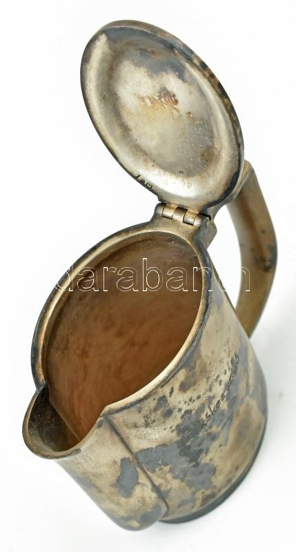 Berndorf Art Krupp ezüstözött alpakka fedeles tejszínkiöntő, kopott, jelzett, oldalán vésett 'Kékes szálló' felirat, cca 1920, m:10cm, d:11cm - Image 2