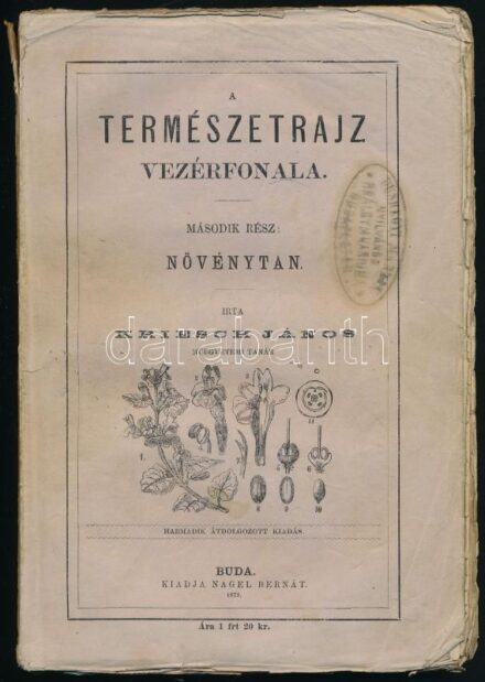 Kriesch János: A természetrajz vezérfonala II. rész: Növénytan. Bp., 1873, Nagel Bernát, V+201 p. Számos fametszetű illusztrációval. Harmadik kiadás. Kiadói papírkötés, szakadt borítóval, tulajdonosi bélyegzésekkel, néhány