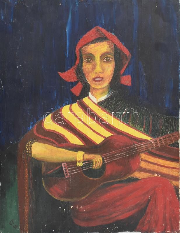CP jelzéssel: Gitározó lány. Olaj, falemez, kissé sérült. 51×39,5 cm